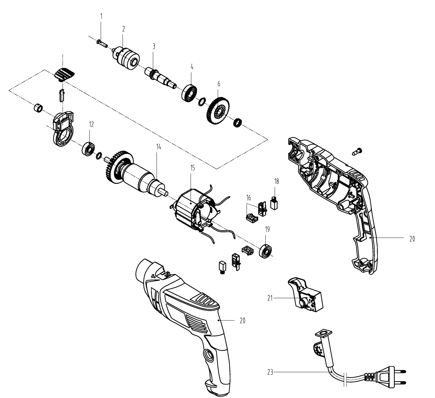 Default Diagram and Parts List for TD450-B2 Type 1 Black and Decker Electric Drill
